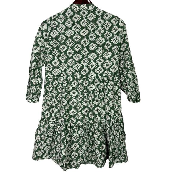 Zara Oversized Cadie Geometric Print Tiered Pleated Mini Dress Tie XS Green - Picture 14 of 15
